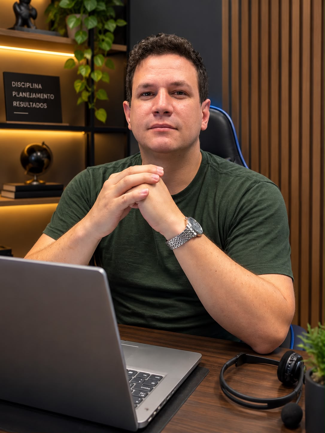 Neto, fundador do LocaFesta, sentado à mesa do escritório com o notebook aberto.